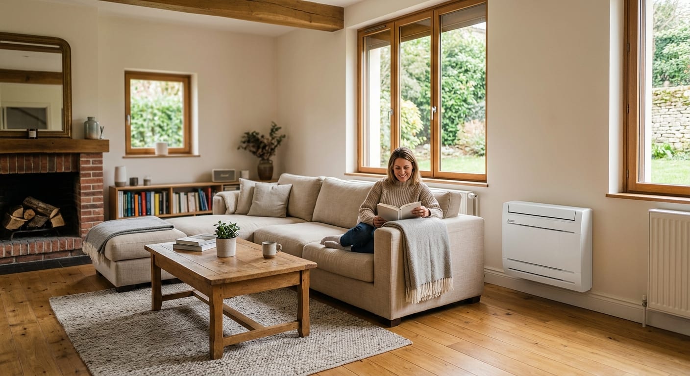 Installation moderne d'une pompe à chaleur air-air discrète dans une maison résidentielle avec salon chaleureux